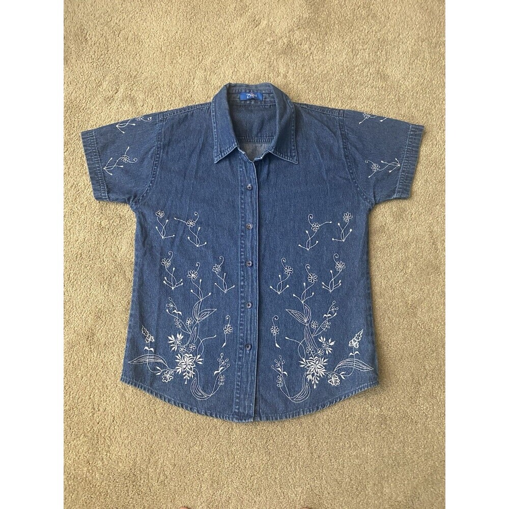 Diya Vintage Cottagecore Denim Short Sleeve White Floral Embroidery Size S
